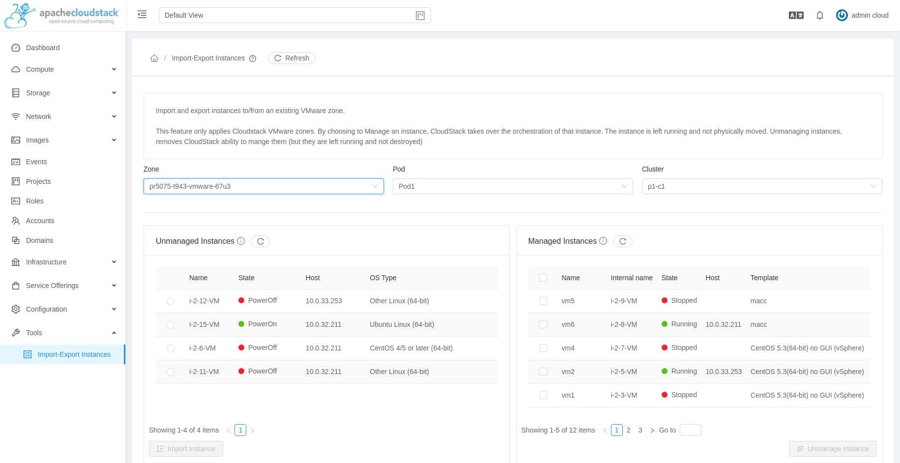 Import-Export page in the UI