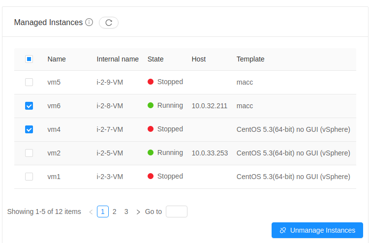 UI for selecting multiple instances for unmanaging