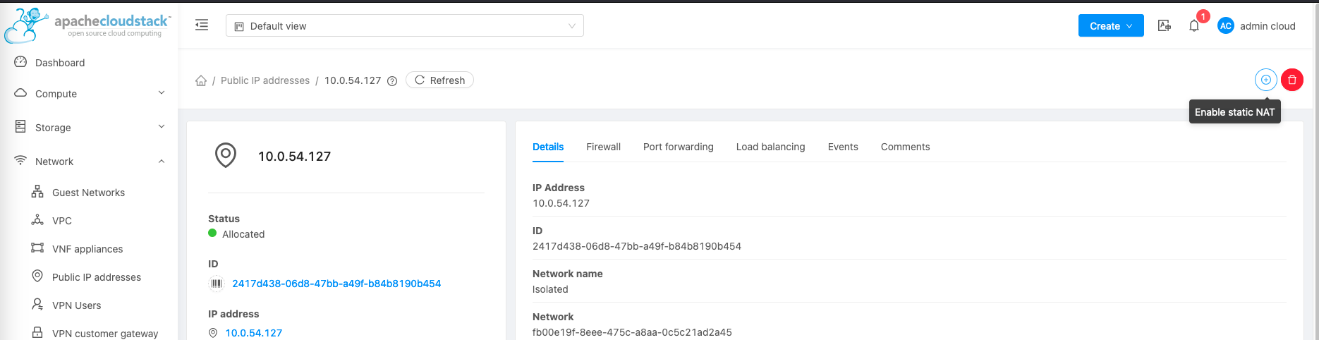 cloudstack static nat