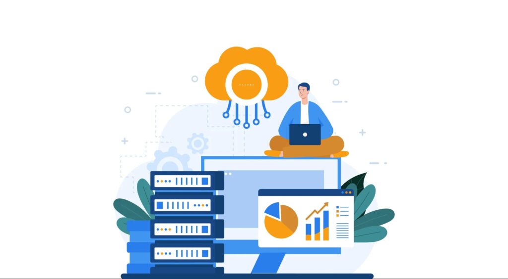 graphic person on a laptop and a cloud above