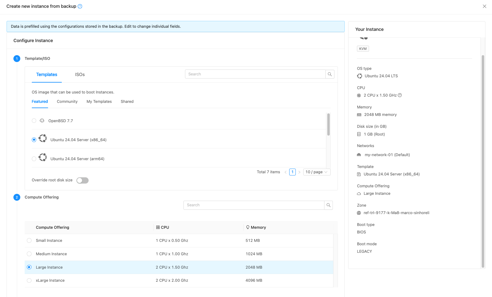 create instance from backup form