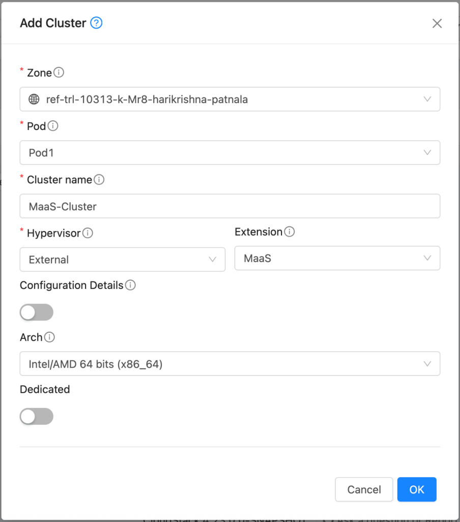 Add Cluster CloudStack